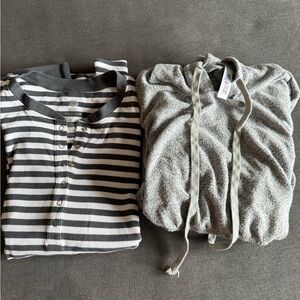 Black & White Striped Henley Top + Light Gray Hooded Pullover Set- nursing tops
